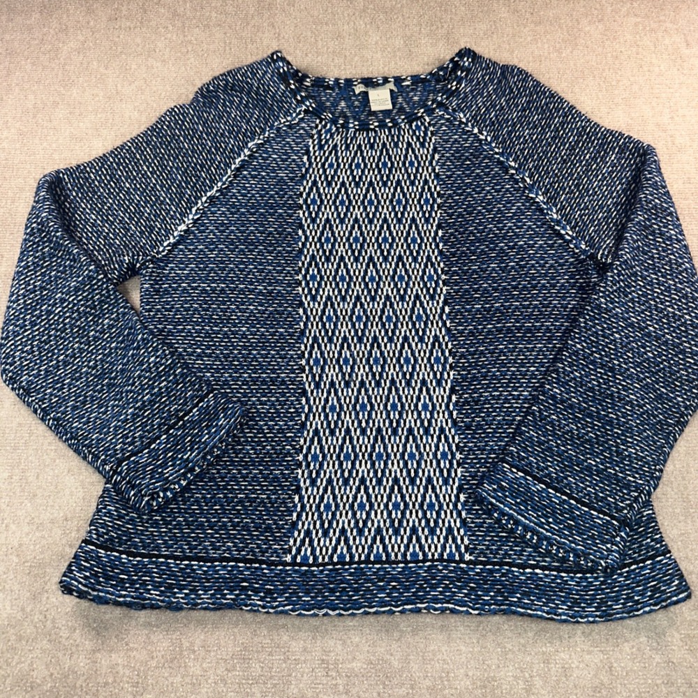 Kikit Womens Blue White Geometric Diamond Knit Raglan Sleeve Sweater Large